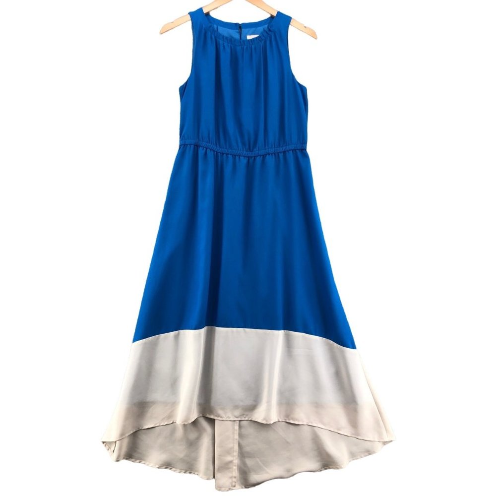 Ann Taylor LOFT Womens Dress Blouson Midi Sz 10 Blue High Low Sleeveless Ruched